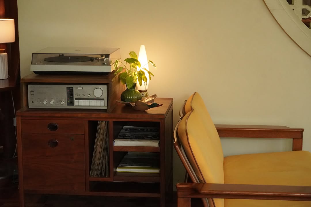 Midcentury living room with record player