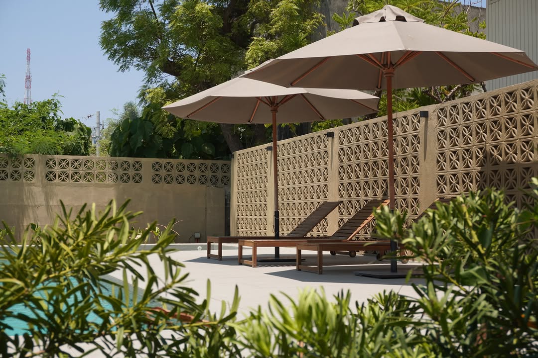 Pool loungers with umbrellas